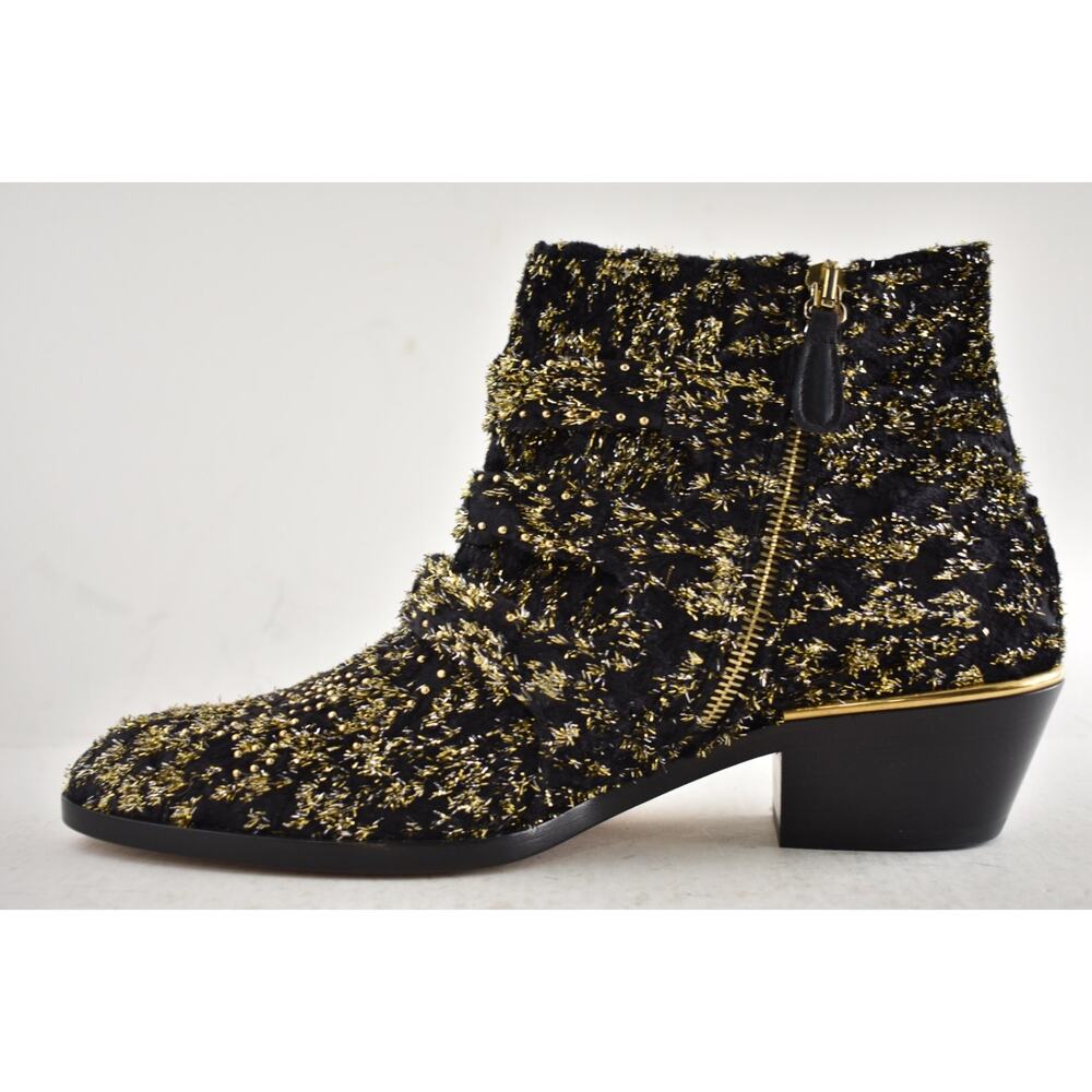 Chloe Suzanna Black Gold Velvet Coupe Studded Short Zipper Ankle Heel Bootie 37 - Picture 12 of 15